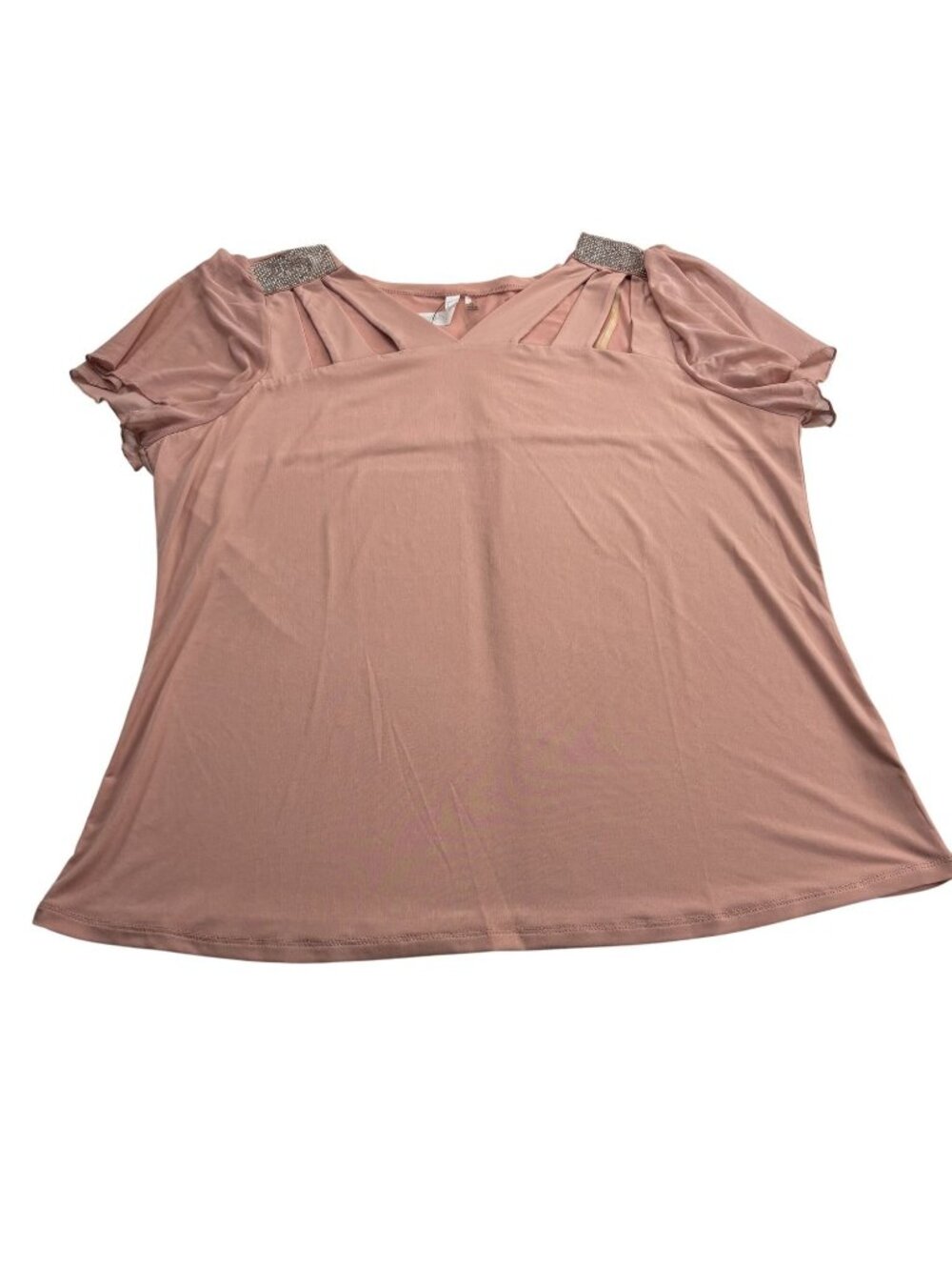 NY Collection Womens Blush Pink Top With Beaded Shoulders Sheer Flutter Sleeves